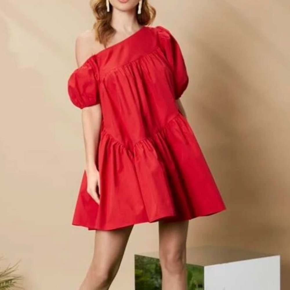 Puff Sleeve Ruffle Hem Asymmetrical Neck Smock Dress Red - Picture 2 of 8